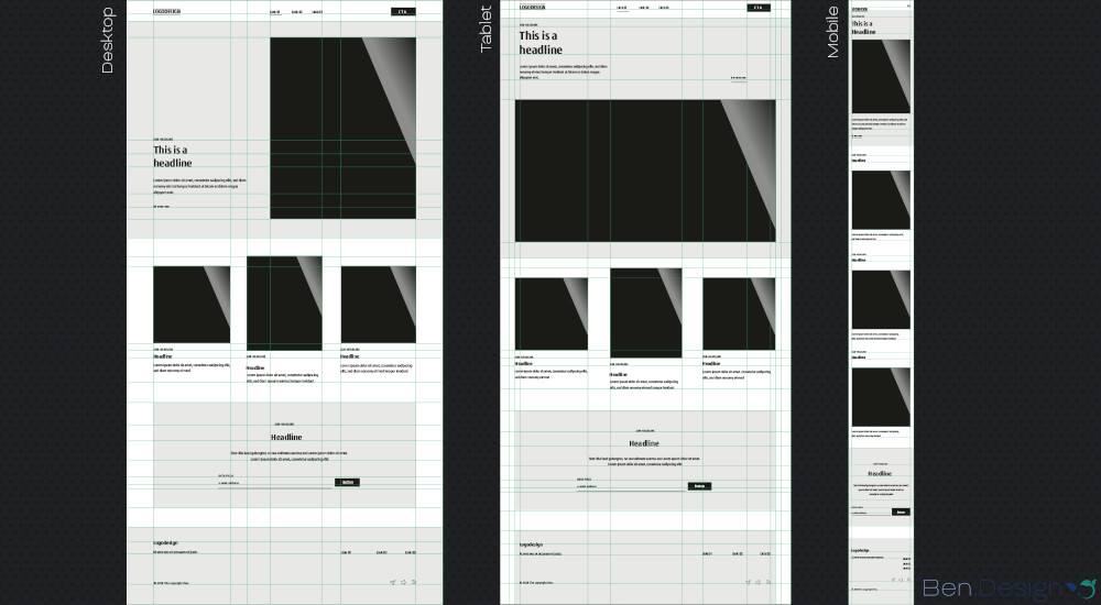 Der Newsletter wird als Wireframes in einer responsiven Darstellung für die gängigen Breakpoints – Desktop, Tablet und Smartphone – umgesetzt, inklusive Blindtexten und Platzhalterbildern.