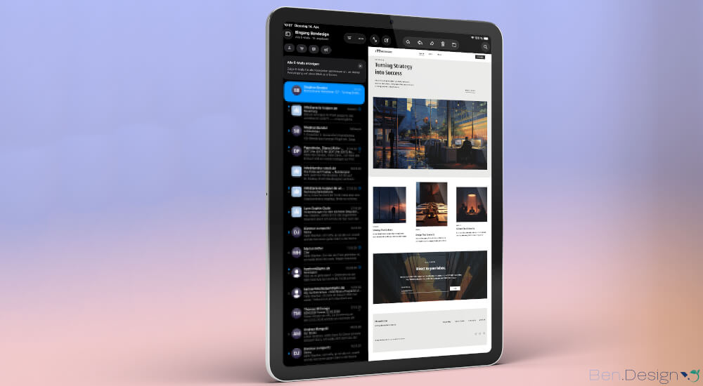 Die Newsletter-Ansicht auf dem vertikal ausgerichteten Tablet wird hier klar und übersichtlich präsentiert.