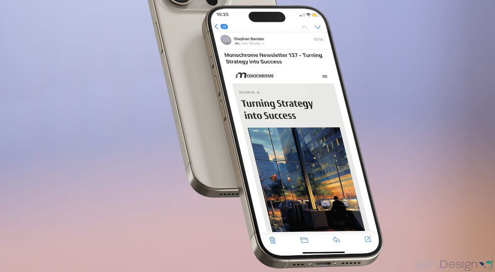 So wird der geöffnete HTML-Newsletter auf einem Smartphone angezeigt. Die Darstellung ist für kleinere Bildschirme optimiert und bleibt dabei klar und gut lesbar.