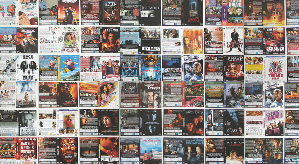 Eine Sammlung gestalteter deutschsprachiger DVD Cover, die in der Abbildung gesammelt nebeneinander dargestellt werden.