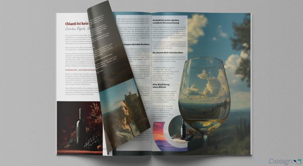 Eine aufgeschlagene, weitergeblätterte Doppelseite präsentiert ein vielseitiges Editorial-Design, das die Lektüre abwechslungsreich und fesselnd gestaltet.