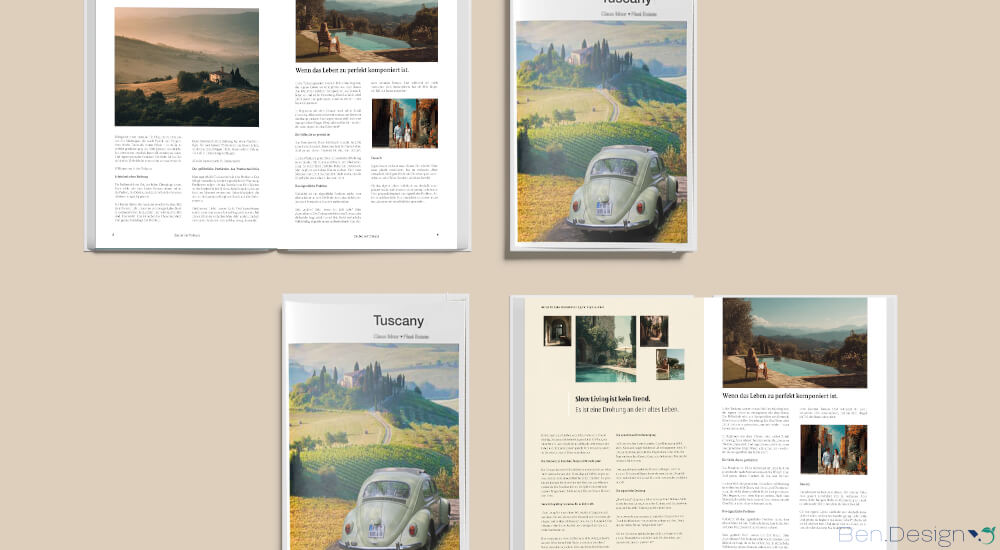 Die Magazin-Titelseite steht neben modern gestalteten Innenseiten, die durch großzügigen Weißraum sowie hochwertige Bilder und redaktionelle Beiträge zu vielfältigen Toskanathemen überzeugen.