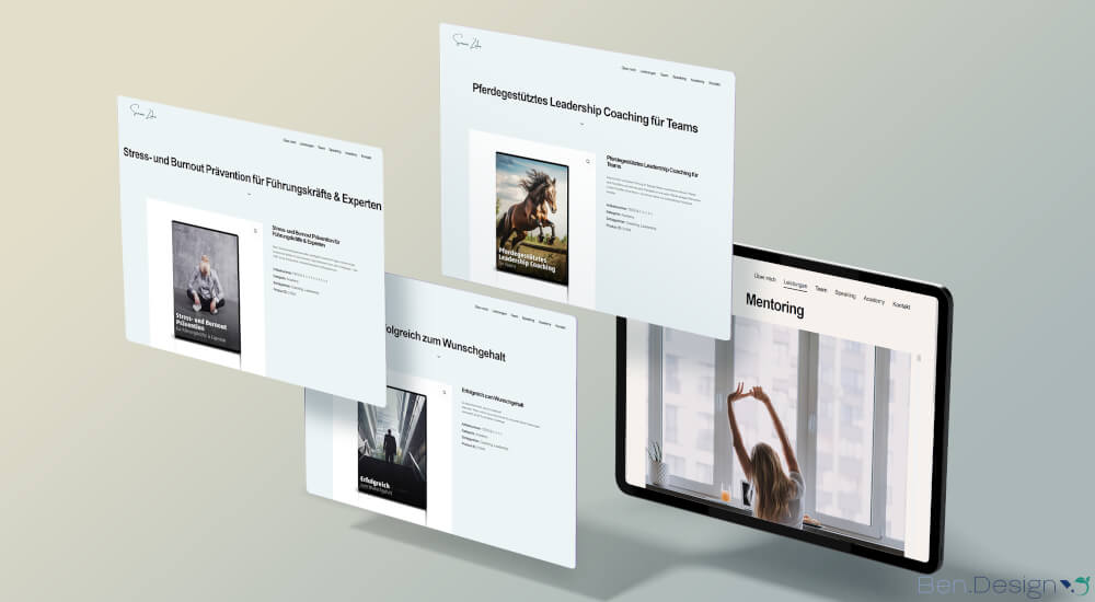Die Unterseiten präsentieren sich in einer großzügigen, modernen Gestaltung und führen klar strukturiert durch die Inhalte. Ergänzend dazu werden verschiedene Kursangebote rund um Coaching-Themen übersichtlich und ansprechend dargestellt.