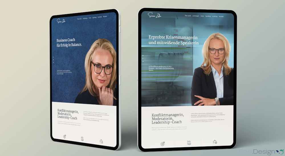 Die Website von Simone Zahn wird auf einem MacBook Pro dargestellt und zeichnet sich durch großzügigen Weißraum, stimmig eingesetzte Icons sowie eine emotionale, wirkungsvolle Bildsprache aus.