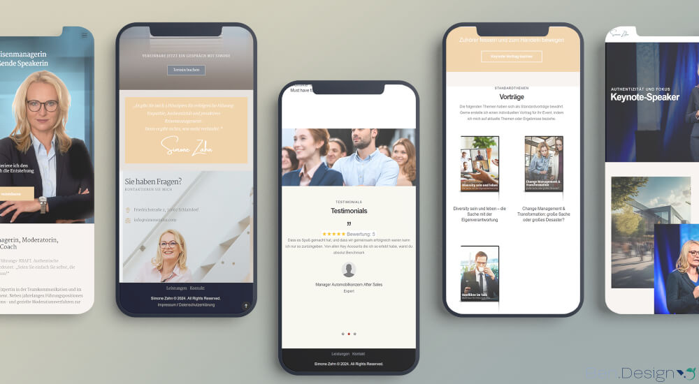 Die Webdesign-Unterseiten in der Smartphone Darstellung enthalten klar strukturierte Infobereiche. Ergänzt wird dies durch eine emotionale Bildsprache, die die Inhalte wirkungsvoll unterstützt.