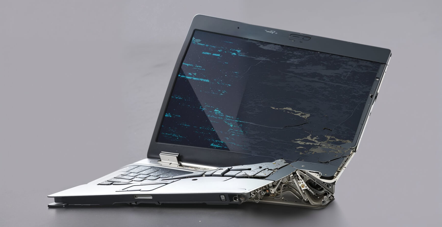 Ein zerstörter grauer Laptop, dessen Tastatur sich wellt bis er seitlich aufbricht. Der Screen zeigt Bildschirmfehler und Risse im Glas.